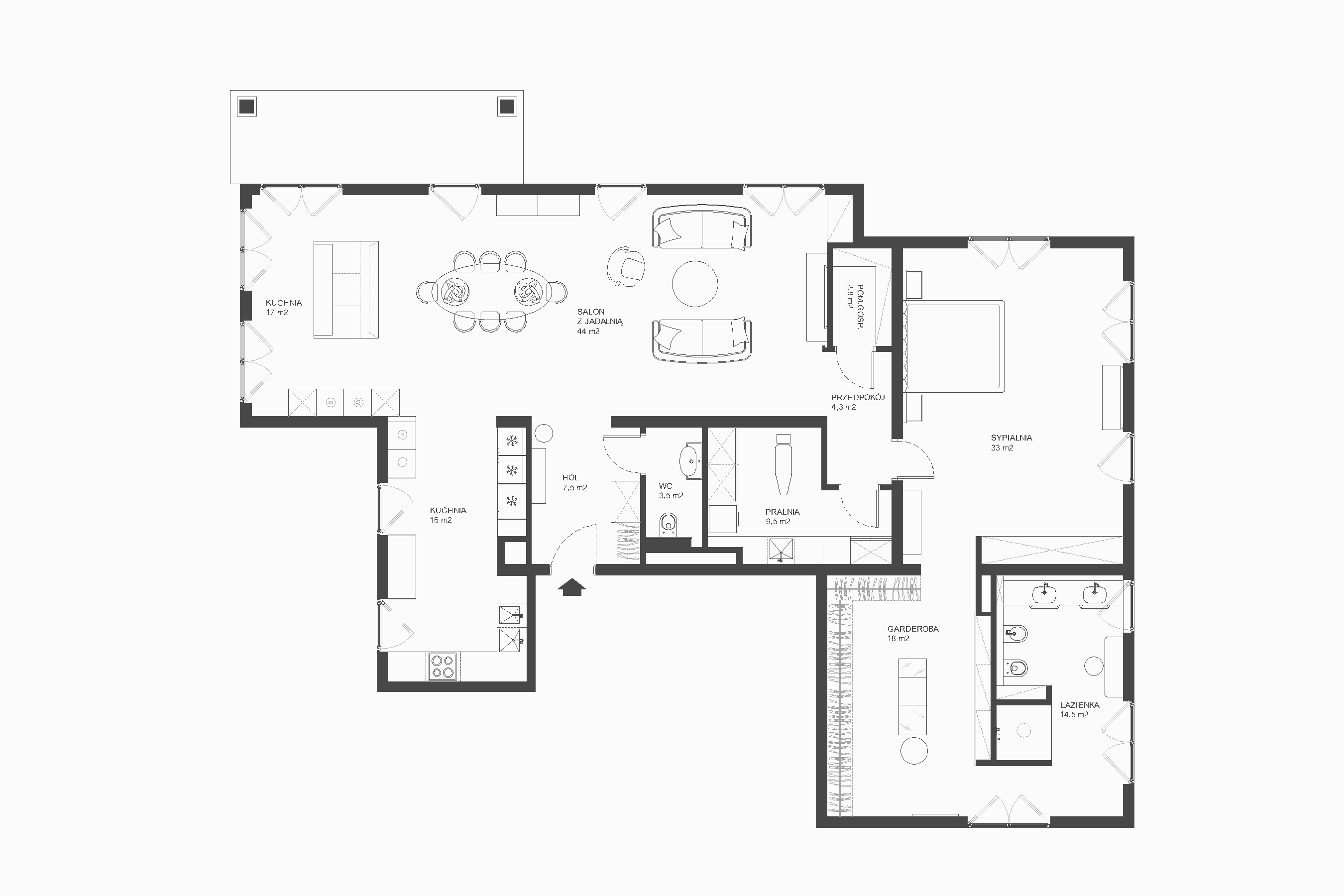 Wnętrze podzielone na strefy. Otwarty salon z jadalnią i dużą wyspą, tworzą okazałą część dzienną, do której dołączona jest już nieco bardziej ukryta kuchnia. Sypialnia połączona z garderobą i salonem kąpielowym, tworzą komfortową strefę prywatną.